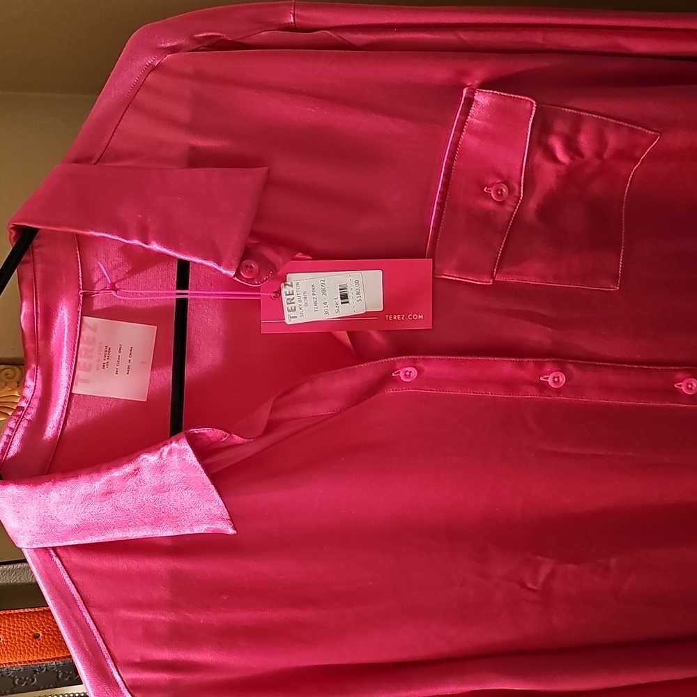 Terez Womens Vibrant Pink Satin Button-Down Shirt